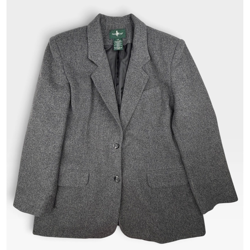 Hunt Club Vintage 90s Womens 14 Gray Wool Lambswool Blazer Shoulder Pads Lined